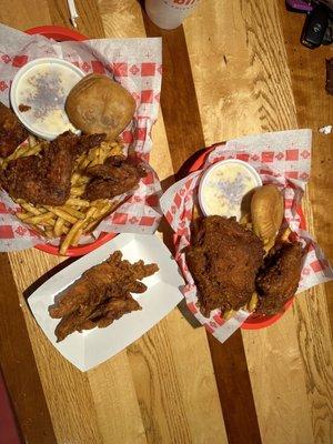 Wing combo with fries and Mac & cheese & the two Riggs with fries and Mac and a couple side tenders