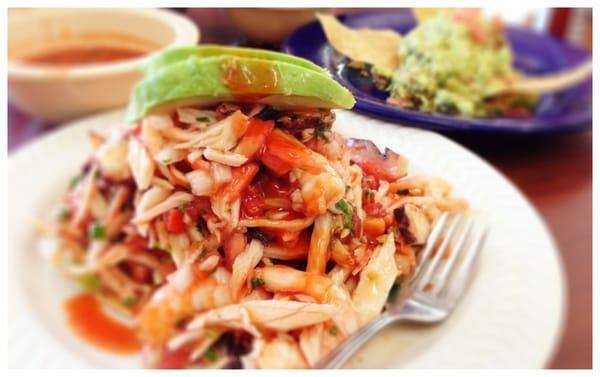 mixta ceviche tostada and an order of guacamole