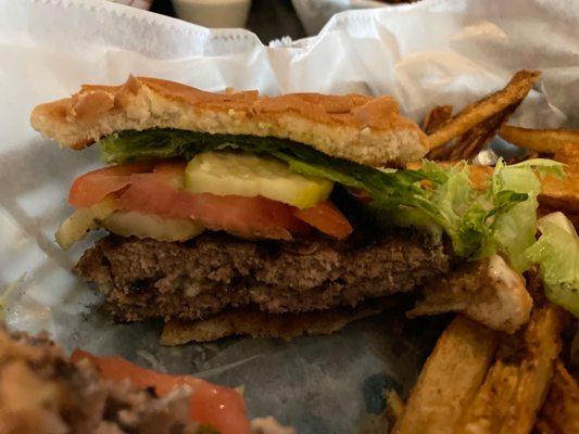 Inside of lunch burger special! So good! Delicious! Meaty! Yum!