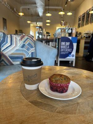 Yummmmmy gf blueberry muffin & coffee brewed to perfection.