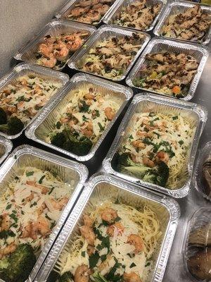 Basil Pesto Shrimp Pasta and Mediterranean Style Skewers