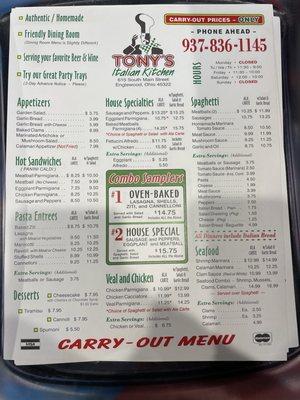 Menu with updated prices as of 4/20/24