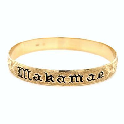 14k Yellow Gold 10mm Barrel Medium Hand Engraved, Hand-cut letters "Makamae" Bangle Bracelet with Black Glass Enamel