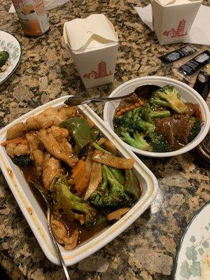 chicken and garlic sauce (left) and Beef and broccoli (right)