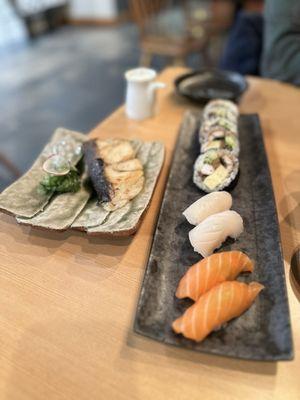 Miso black cod, salmon nigiri, scallop nigiri (special), futomaki