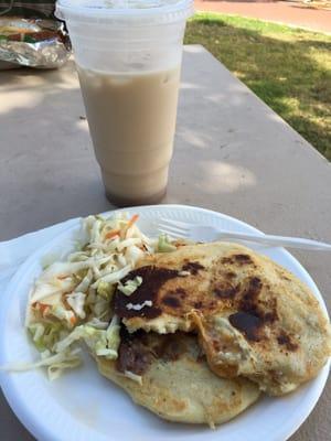 1 chicharon pupusa 1 frijole con queso pupusa curtido $4 each Large Horchata