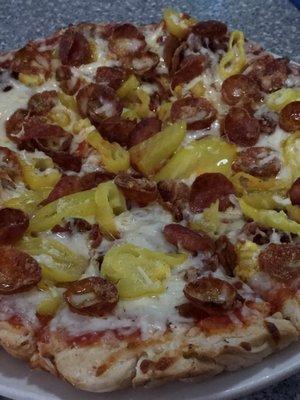 Pepperoni and banana pepper pizza