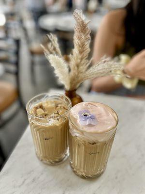 French Vanilla Latte w/ vanilla + Rasberry cold foam (6.50) Honey Lavender Latte w/ oat milk (6.50 + 0.75 for oatmilk)