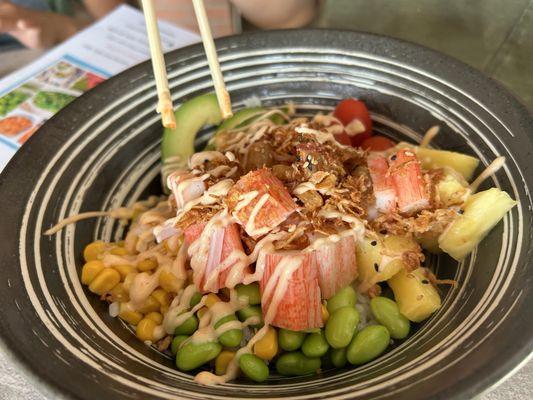 Creative bowl - imitation crab and baby scallop with kimchee sauce.