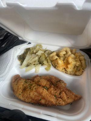 Catfish, Mac n Cheese, and Cabbage