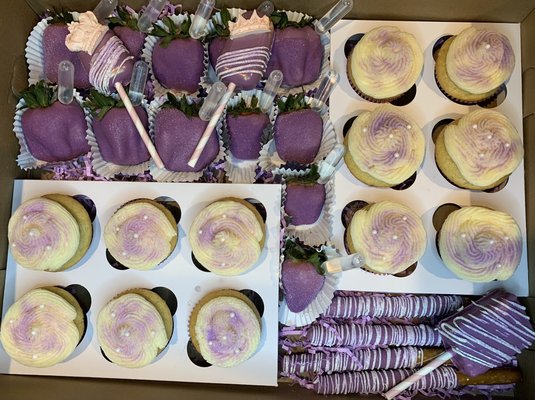 Birthday Treat Box... chocolate covered strawberries, pretzels, Cakesickles & cupcakes