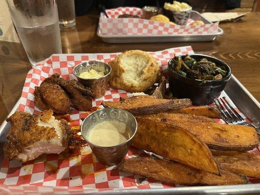 Fried Chicken, sweet potato wedges with maple mustard sauce, yummy Brussels sprouts, biscuits and honey butter