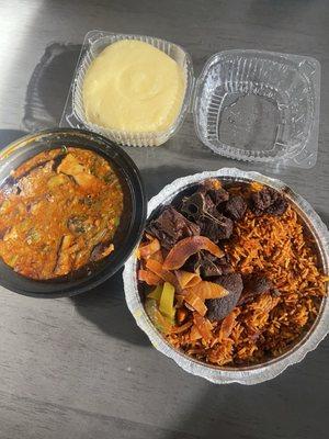 Okro soup with goat meat and fufu ($25) Jollof rice ($25)