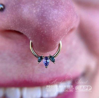 Septum install by Airel with BVLA's yellow gold, "Alana" ring.