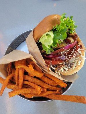 Eggplant burger w sweet potato fries