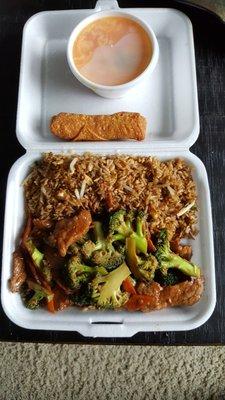 Extremely large lunch combo plate. Beef and Broccoli