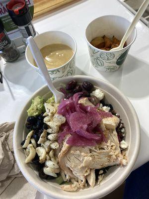 my recent lunch of salad, potato soup, and roasted sweet potatoes