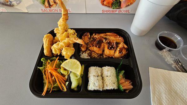 Salmon teriyaki bento box with choice of vegetable (and shrimp) tempura