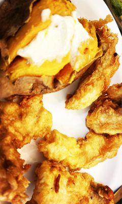 Baked sweet potato and hand battered tenders