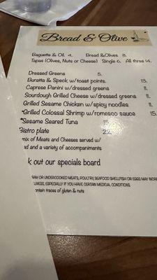 Food menu, and there are specials on the board