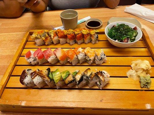 Seaweed/Wakame salad. Rainbow roll, other rolls