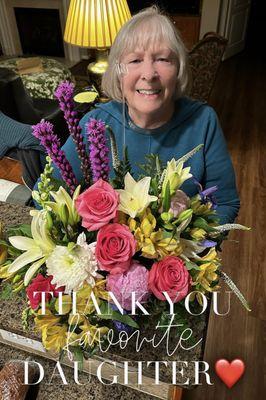 My Mother and her beautiful bouquet from Palmetto blossom flower shop