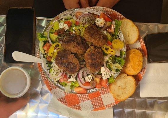 Meatball plate with Greek salad