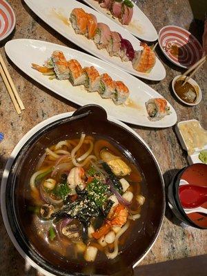 Baja Fresh, tiger roll and seafood udon soup the best  Great service too