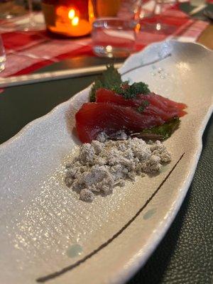 Tuna sashimi with black sesame powder and shiso - it was a beautiful dish that really elevated an already wonder ahi tuna