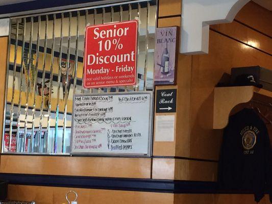 Senior discount + specials board