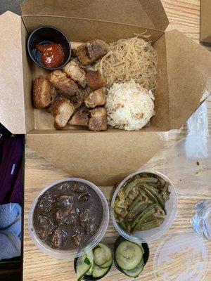 Lex hon kawali, noodles, garlic fried rice, dinuguan, pinakbet and pickled cucumbers