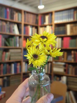 Live flowers and plants everywhere, plus antique tomes of the knowledge of yore!