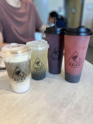 Left to right: Hojicha Eispanner, Chrysanthum Tea, Blueberry Fruit Tea, Strawberry Green Fruit Tea