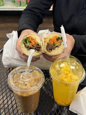 Bánh Mì Thịt Nướng (Grilled Pork Sandwich), Cafe Sua Da (Vietnamese Iced Coffee), Mango Passion Fruit Soda