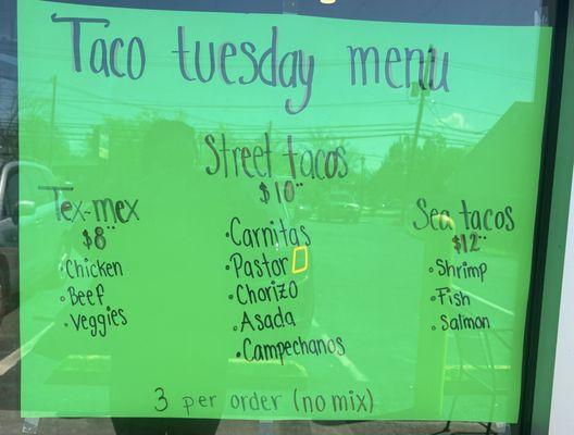 Taco Tuesday menu