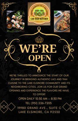 We are now open and thrilled to offer our culinary creations to you. We look forward to your visit!