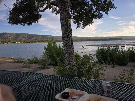 Picnic tables right on the lake near Mikey's location today.