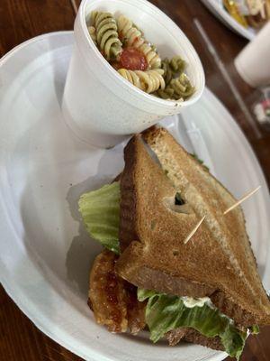 BLT on white with a side of Pasta salad