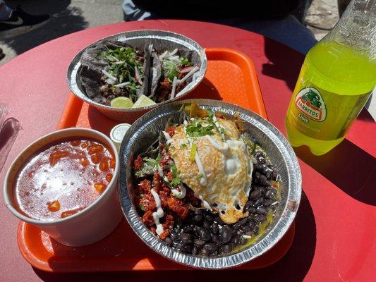 Chilaquiles. Steak and Al pastor tacos.