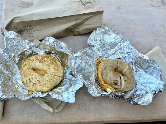 Left: American eggel w/ Parmesan Pesto bagel Right: Vegan eggel w/ cinnamon raisin bagel