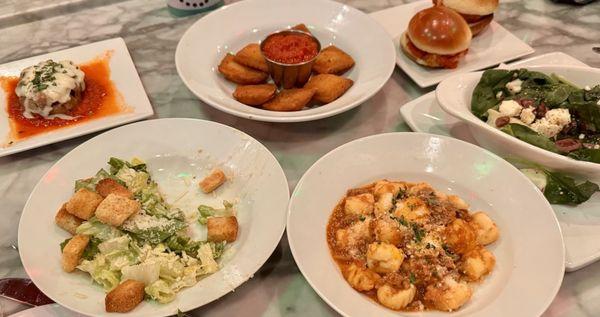 Stuffed mushroom, Caesar salad, toasted raviolis, meatball sliders, gnocchi, and warm spinach salad