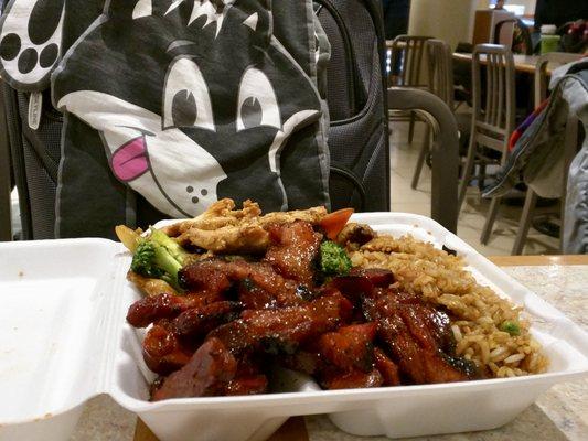 Roast pork and chicken broccoli with fried rice