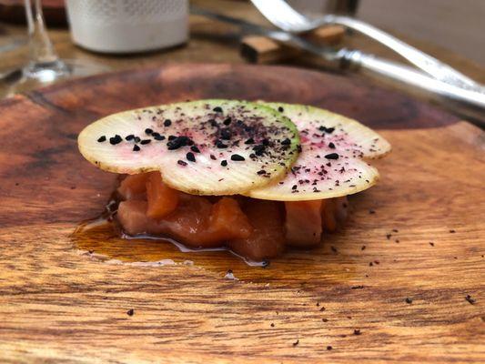 Trout tartare with algae aioli and daikon radish and more things I can't remember.