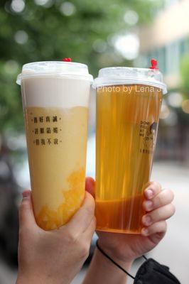 Mango Smoothie Topped w/ Cheese Foam 芝芝芒芒 ($6.75) and Osmanthus Jasmine Green Tea 桂花茉莉 ($4.50)