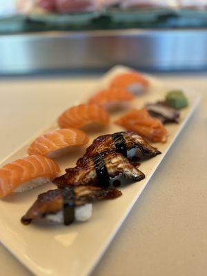 Salmon and eel nigiri