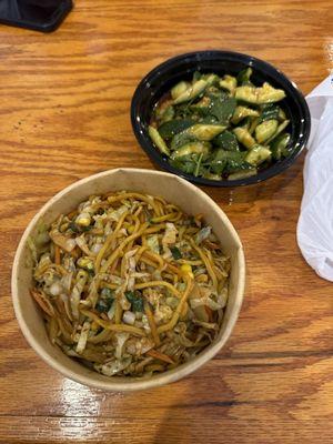 Lo mein and spicy Asian cucumber