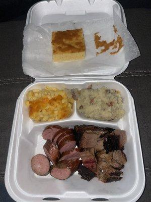 Sausage, brisket, Smashed Potatoes, Mac and cheese!