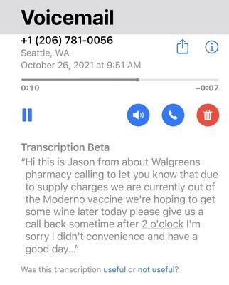 Apparently this pharmacy is having trouble with vaccine supply, despite offering appointments and walk-in online. Call before going!