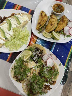 birria tacos, al pastor Quesadillas, 4 tacos