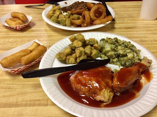 BBQ Chicken, fried okra, collard greens & hush puppies